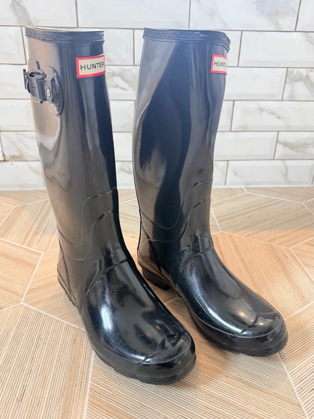 Hunter Gloss Black Tall Rain Boots with Adjustable Side Buckle